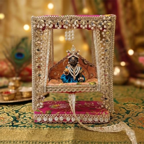 SATVIK 1Pc - Janmashtami Krishna Jhula Decorative Wooden Swing for Laddu Gopal | Fabric & Lace Handcrafted Design | Pooja Mandir Festive Decor