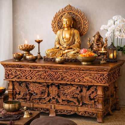 Tribe Azure Fair Trade Small Altar Table, Meditation Table Altar, Small Puja Table, Meditation Altar Wood Wiccan Buddhist, Tea Japanese, Low Side Dragon (Large) - size: Large Dragon