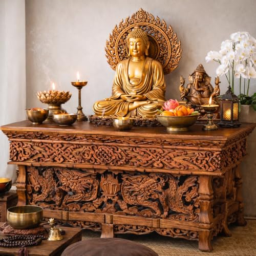 Tribe Azure Fair Trade Small Altar Table, Meditation Table Altar, Small Puja Table, Meditation Altar Wood Wiccan Buddhist, Tea Japanese, Low Side Dragon (Large) - size: Large Dragon