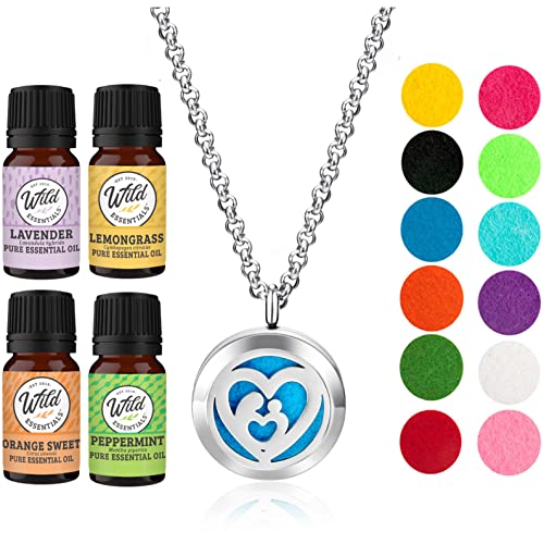 Wild Essentials Mother’s Heart Necklace Essential Oil Diffuser Kit, Lavender, Lemongrass, Peppermint, Orange Oils, 12 Refill Pads, Calming Aromatherapy Gift Set, Customizable Color Changing, Perfume - color: Silver Mother's Heart, size: 4 Oils