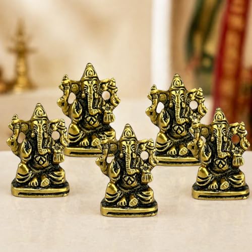 LOVENSPIRE 5 Pcs Metal Ganesh Idol for Car Dashboard - 2" Spiritual Ganesh Statue for Mandir, Office & Home Decor - Small Ganpati Murti Figurine, Diwali Pooja & Housewarming Return Gift, Golden - color: Metal Golden, size: 5 Pcs