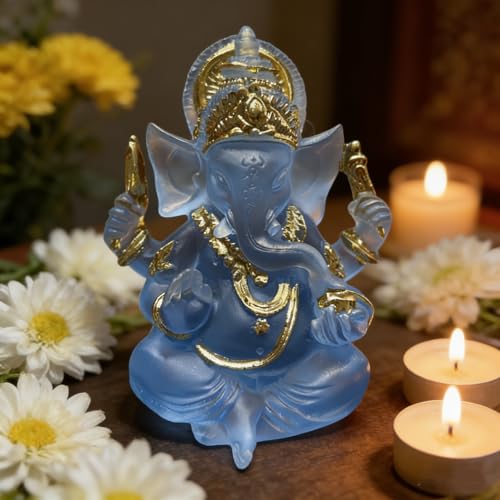 Indian God Lord Ganesha Statue,Blue Lmitation Glass Hindu Elephant Statue Ganpati Idol Buddha Sculptures,Hindu Gift,Home Temple Mandir Meditation Yoga Room Decor 3.55" - color: Blue, size: 3.55"
