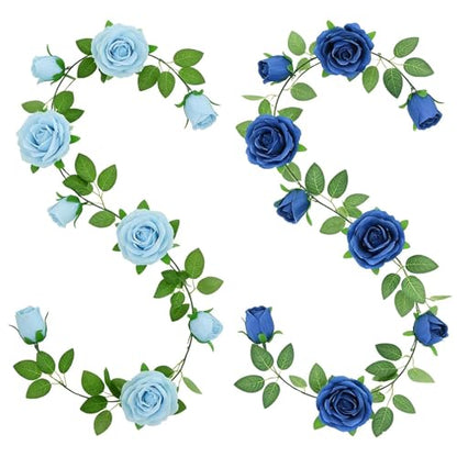 GREENTIME 2Pack 6.5FT Mixed Blue Artificial Flower Garland Fake Rose Vines - color: Light Sapphire Blue