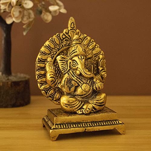 Spillbox Oxidised Finished Sinhasan Ganesha Brass God Idol Statue Showpiece for Home Office Figurine Religious Pooja | Puja Items Gift Living Room Decoration Home Décor, 6 X 9, Gold