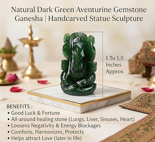 Natural Dark Green Aventurine Gemstone Ganesha Handcarved Statue Sculpture for Good Luck & Fortune. - color: Green Aventurine Ganesh