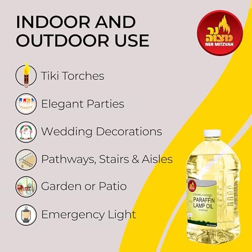 Ner Mitzvah Citronella Scented Lamp Oil, 2 Liter Smokeless and Odorless Insect and Mosquito Repellent Paraffin Lamp Oil for Indoor and Outdoor, Torches and Oil Candle - size: 67 Ounces (2 Liters)