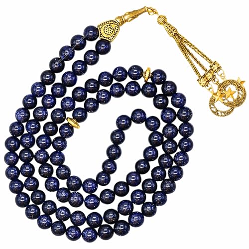 Amazing Gemstone Crystal Tasbeeh with Moon and Star Charm - Certified Crystal Muslim Prayer Beads Natural Gemstone Tasbih Gift for Ramadan Dhikr and Daily Namaz (G) - color: Blue Goldstone