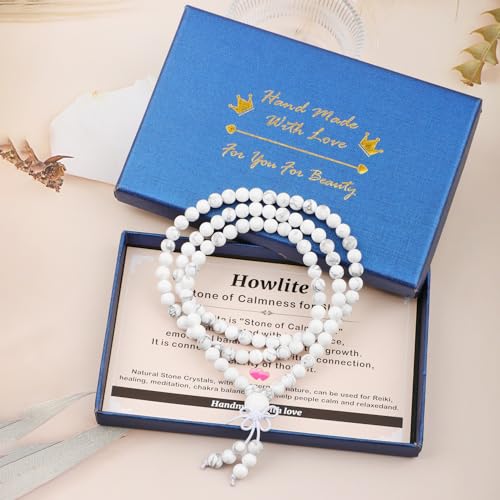 AD Beads 6mm 8mm 108 Prayer Mala Jasper Elastic Bracelet - Handmade Yoga Meditation Healing Power Energy Gifts for Unisex Adult. - color: Howlite(Calmness)