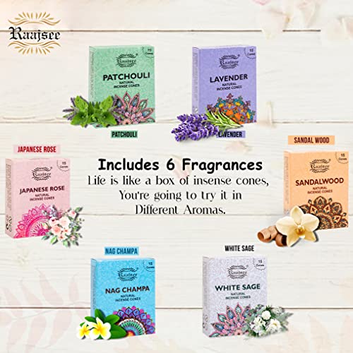 Raajsee Natural Incense Cones,6 Pack Mixed Scents Gift Pack 15 pc Each (90 Total), Insense Cones Variety Pack, 100% Organic Non Toxic Natural - Hand Rolled Free from Chemicals (Pack 1) - color: Pack 1
