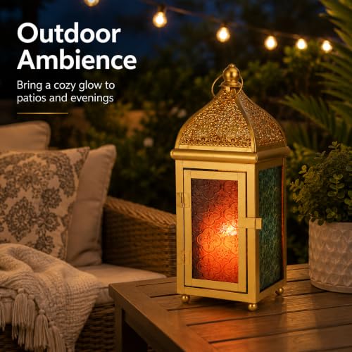 TRIROCKS 12 Inch Gold Moroccan Candle Lantern, Metal Hanging Candle Holder - size: 5*12"H
