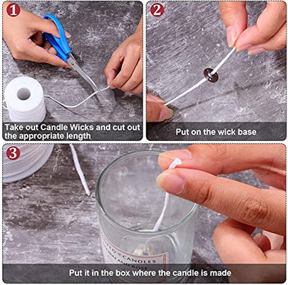 QPZ 200 ft Braided Candle Wicks 100% Cotton 50 PLY for Candle Pillars in 5 1/5" Dia, for Paraffin Wax Soy Beeswax Candle Making, Sold Separately 200 PCS Candle Wick Sustainer Tabs Metal 14mm - size: 50 PLY 200 ft Wick