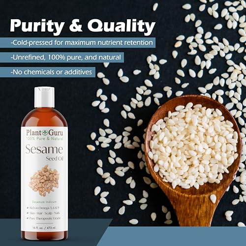 Plant Guru Sesame Seed Oil 16 fl. oz. – Cold Pressed, 100% Pure & Natural Carrier for Skin, Face, Body, Hair, and Cooking. Great for DIY Creams, Lotions, and Lip Balms.