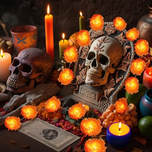 1 Pack Lighted Marigold Garland 10 LED Artificial Marigold Flowers String Lights Dia de Los Muertos Decorations for Halloween Diwali Indian Party (1, 5 Ft 10 LED) - size: 5 Ft 10 LED