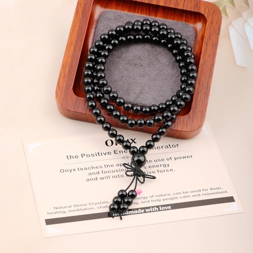 AD Beads 6mm 8mm 108 Prayer Mala Jasper Elastic Bracelet - Handmade Yoga Meditation Healing Power Energy Gifts for Unisex Adult. - color: Onyx(Positive Energy Generator)