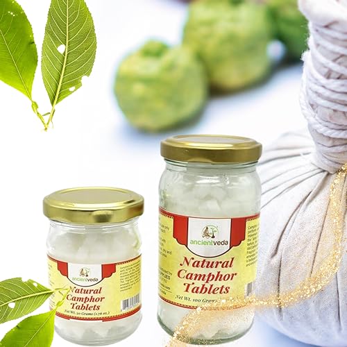 ANCIENT VEDA Natural Camphor Tablets in Glass Jar Bottle Premium Quality Refined 100% Natural for Aromatherapy, Odor Eliminator, Puja, Alcanfor (100 Gram) - size: 100 Gram