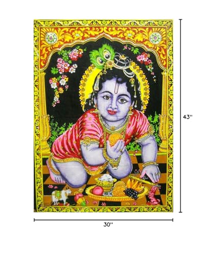 Ladoo Gopal Cotton sequin sitara batik Wall Hanging Painting : Size 43"x30" Inches - color: Laddoo Gopal - Bal Krishna