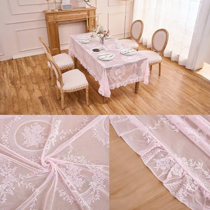 Pink Lace Tablecloth Floral Rectangular Table Cloth 95”x55” - color: Pink, size: 95" x 55" (Rectangular)