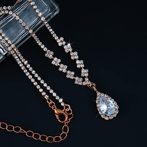 CIEHER 4/5 Pieces Women Jewelry Set - Rhinestone Crown + Drop Necklace + Elegant Bangle Bracelet + Crystal Teardrop Dangle Earrings for Bridal Wedding Party - color: Rose Gold