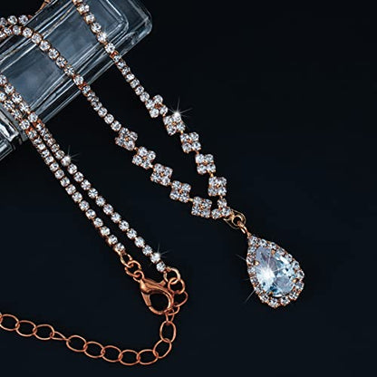 CIEHER 4/5 Pieces Women Jewelry Set - Rhinestone Crown + Drop Necklace + Elegant Bangle Bracelet + Crystal Teardrop Dangle Earrings for Bridal Wedding Party - color: Rose Gold