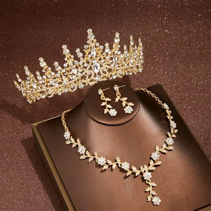 Kamirola Tiaras and Crowns for Women,Tiaras Earrings Necklace, Crystal Bridal Jewelry Set (TR48) - color: Gold White