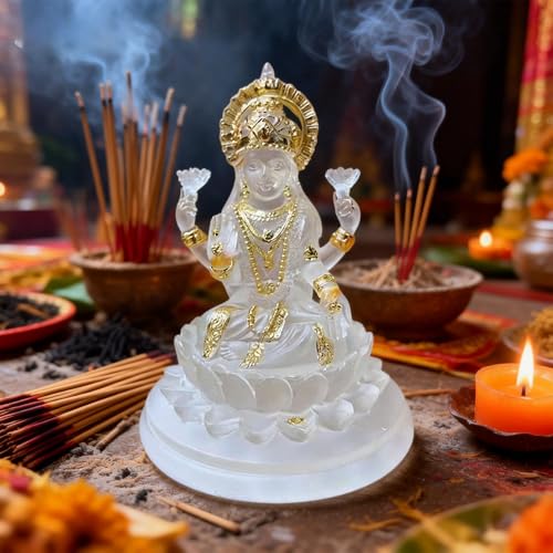 Lakshmi Statue, 4.3 Inch White and Gold Resin Laxmi Idol on Lotus