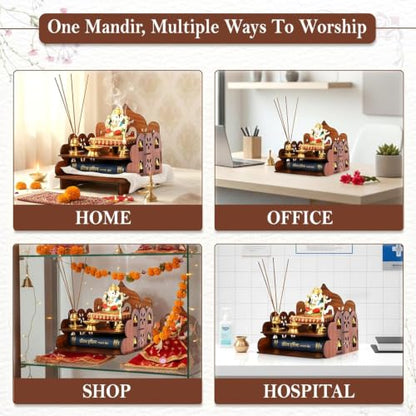 Small Pooja Mandir for Home Wall Mount & Tabletop | Wooden Temple with Bells | Mini Mandir for Office, Home, Daily Worship & Decor
