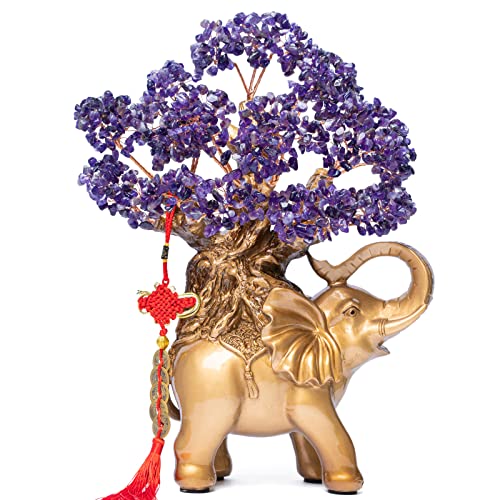 Amethyst Crystal Money Tree on Gold Elephant Statue, 17”Large Gemstone Bonsai Tree of Life Home Décor Gifts for Wealth Positive Energy, Feng Shui Décor - color: Amethyst, size: 17 inches Tall