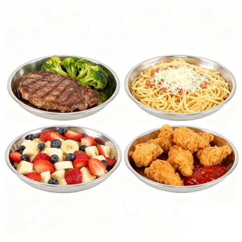 4 Pack Stainless Steel Dinner Plates, 9.45 in Round Camping Dish