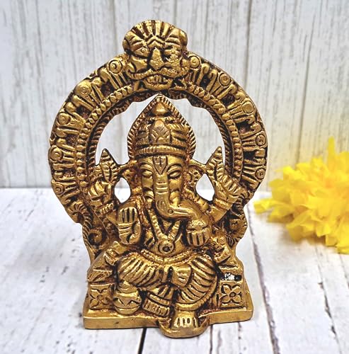 Purpledip Brass Idol Ganesha in Mandap: Decorative Statue for Home Temple (12172A)