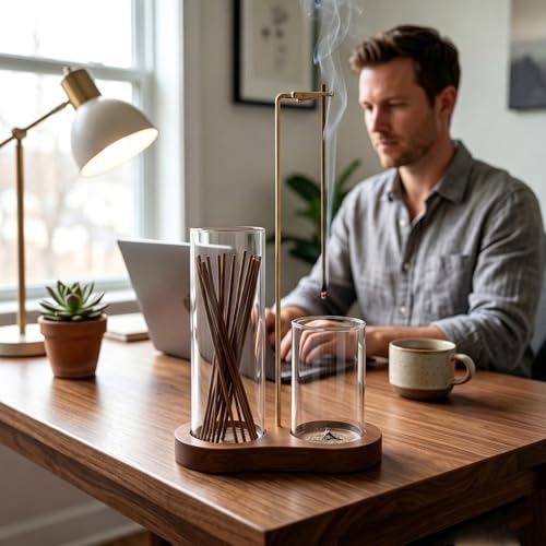 2 in 1 Incense Holder for Sticks with Detachable Glass Ash Catcher - color: Natural Wood Color
