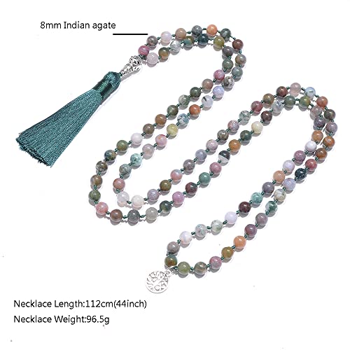 108 Mala Prayer Beads Necklace Natural Stones Meditation Yoga Jewery 108 Hand Knotted Japa Mala Beaded Long Tassel Necklace with Tree of Life Pendant for Men and Women - color: 8mm Indian Agate