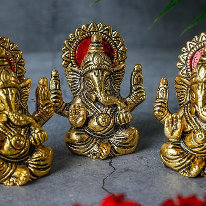 Desi Favors Brass Plated Ganesha Idol | Natural Gold Mini Hindu Lord Ganesha Figurine for Car Dashboard, Temple Home Decor, Diwali Pooja Gifts | Indian God Mandir Gift, 2.5x3 Inch (Pack of 1) - style: Brass Plated Ganesha Idol
