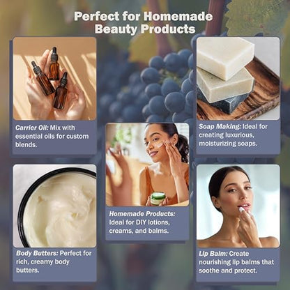 Grapeseed Oil 4 oz. Cold Pressed 100% Pure Natural Carrier for Skin, Body, Face, and Hair Growth Moisturizer. Great for Creams, Lotions, Lip Balm and Soap Making. - size: 4 Ounce
