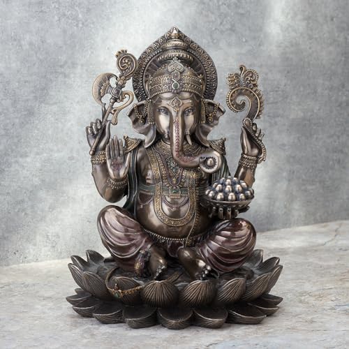 Veronese Design 9 7/8 Inch Lord Ganesha Sitting on Lotus Hindu God Antique Bronze Finish Resin Statue