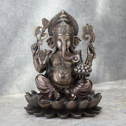 Veronese Design 9 7/8 Inch Lord Ganesha Sitting on Lotus Hindu God Antique Bronze Finish Resin Statue