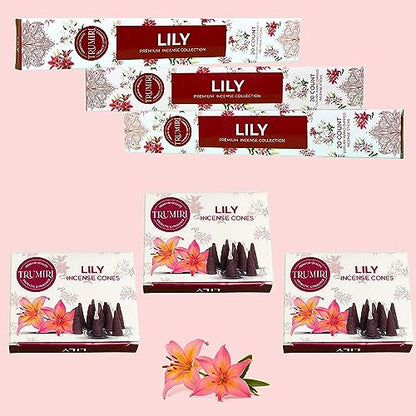 Lily Incense Sticks & Incense Cones Combo Pack - 60 Insence-Sticks + 30 Insence Cones - Inscense - Incense Cones Scented - Insents - color: Lily