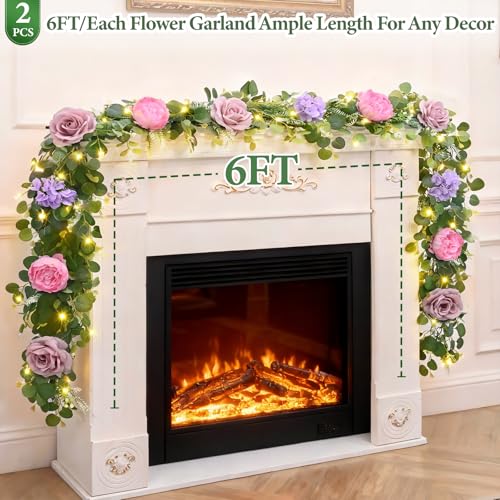 Livole 2Pcs 12 Ft Flower Garland with Light, Pink Peony Floral Garland - color: Pink With Light, size: 2Pcs