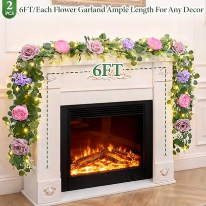 Livole 2Pcs 12 Ft Flower Garland with Light, Pink Peony Floral Garland - color: Pink With Light, size: 2Pcs