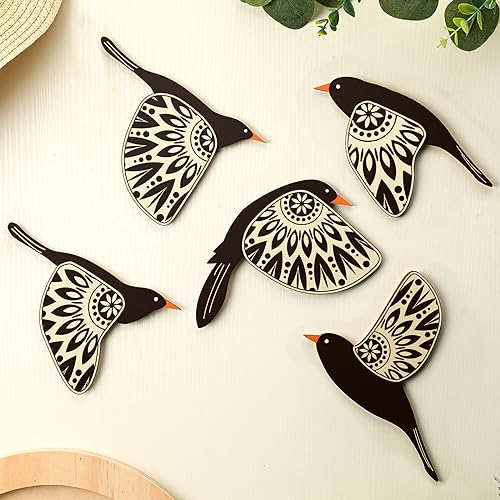 Barydat 5 Pcs Wooden Bird Wall Art decor folk Birds art Decor,Black - color: Black