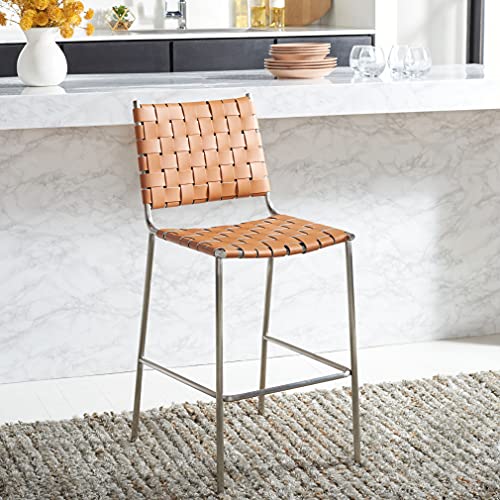 SAFAVIEH Home Collection Bahari Cognac Woven Leather/Silver 26-inch Kitchen Island Breakfast Nook Counter Stool (Fully Assembled) - color: Cognac/Silver