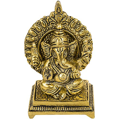 Spillbox Oxidised Finished Sinhasan Ganesha Brass God Idol Statue Showpiece for Home Office Figurine Religious Pooja | Puja Items Gift Living Room Decoration Home Décor, 6 X 9, Gold
