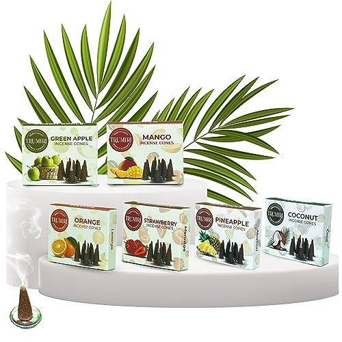 Trumiri Fruity Incense Cones - Variety Pack - Total 60 Cone Incense (6 Scents x 10 Conos) - Strawberry, Coconut, Pineapple, Apple, Mango, Orange - Cone Incense Scents - Insense Cones - Incent Cone - color: Fruity