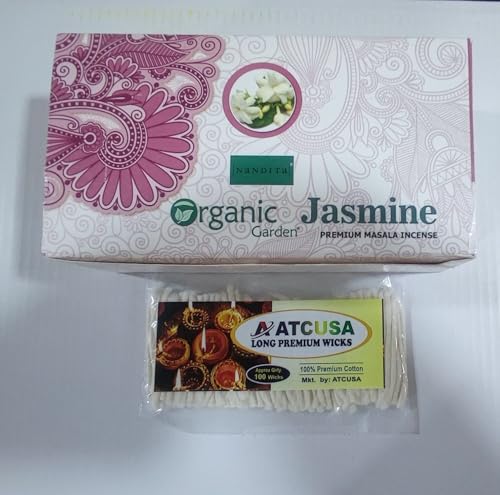 100 ATCUSA Pure Cotton Diya Wicks with Combo of Nandita Organic Garden Jasmine Premium Indian Masala Incense Sticks 15gm x 12 Pack for Prayer Temple Church Christmas