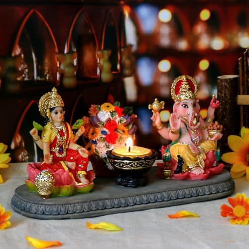 BangBangDa Lakshmi Ganesha Statue with Diya - 4.1" H Polystone Hindu Goddess Laxmi and Ganesa Idol for Diwali/New Year/Birthday/Wedding Gift for Indian Home Temple Mandir Altar Puja Murti Item
