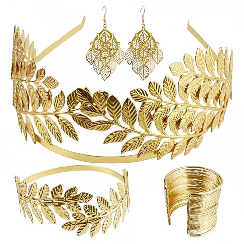 5 Pcs Greek Goddess Costume Accessories Set for Women, Gold Laurel Leaf Crown Headband, Adjustable Leaf Arm Cuffs & Dangle Earrings, Roman Toga Party Costume Set for Bridal Wedding Halloween Cosplay - style: Vintage