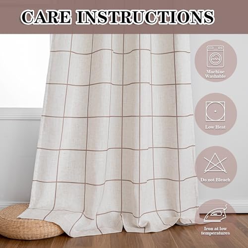 MYSKY HOME 100% Blackout Brown Plaid Farmhouse Linen Curtains 84 Inch Long 2 Panels Set Checkered Drapes Double Layer Thermal Insulated Privacy Protection Living Room Back Tab, 52" W Each Panel - color: Brown, size: 52"W x 84"L (Pack of 2)