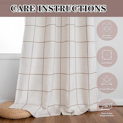 MYSKY HOME 100% Blackout Brown Plaid Farmhouse Linen Curtains 84 Inch Long 2 Panels Set Checkered Drapes Double Layer Thermal Insulated Privacy Protection Living Room Back Tab, 52" W Each Panel - color: Brown, size: 52"W x 84"L (Pack of 2)