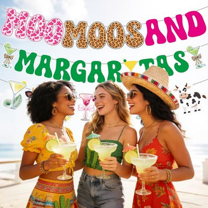 Moo Moos and Margaritas Party Decorations, Cow Print Banner Set - color: Moo Moos Margaritas