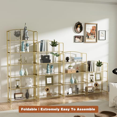 Crofy 3-Tier Wider Foldable Bookshelf, Gold Frame & Transparent Shelves - color: Gold Frame & Transparent Shelf, size: 3 Tier Wider