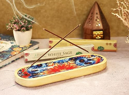 Bless-International Traditional-Handmade-Tray-Burner Wooden-Trat-Incense-Stick-Holder Ash-Catcher-Stand for-Aromatherapy-Meditation-Yoga 11x4x1.22 Inches (Abstract Flowers) - color: Abstract Flowers